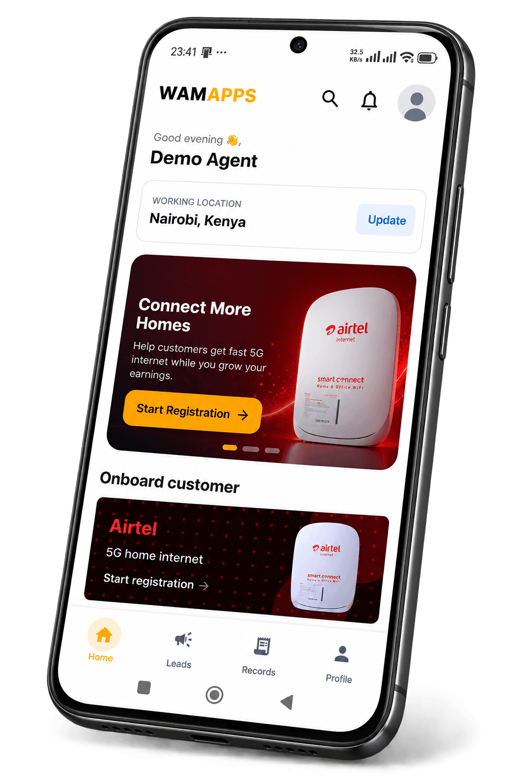 WAM Apps Android phone showing Airtel 5G SmartConnect agent opportunities in Kenya