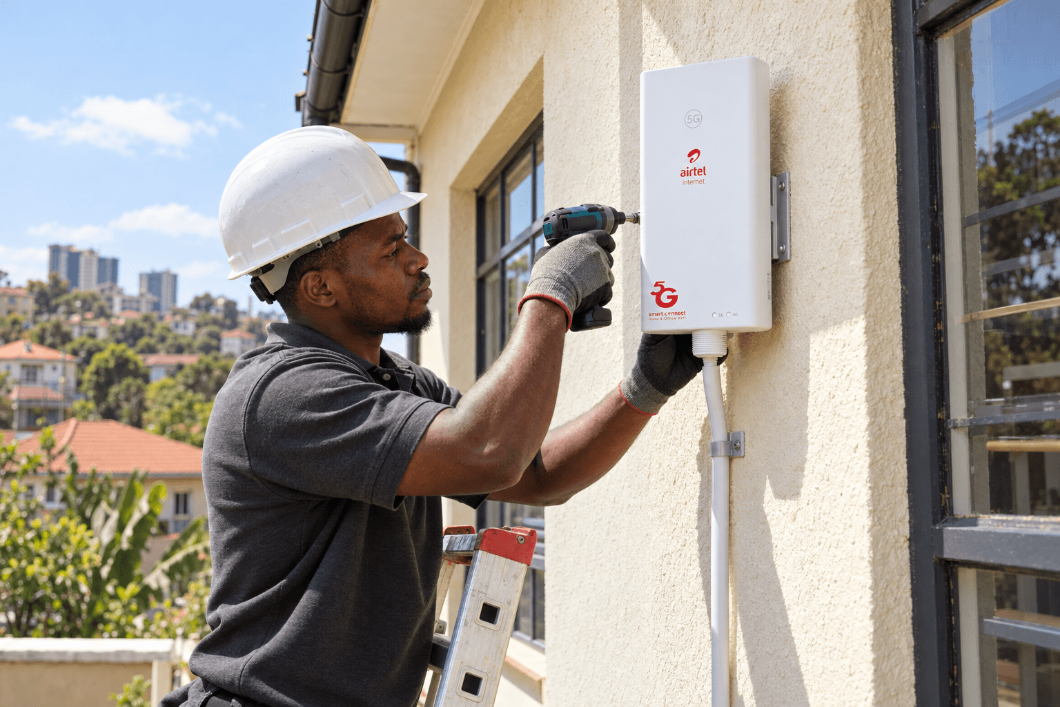 Airtel 5G installer completing outdoor SmartConnect equipment work in Kenya