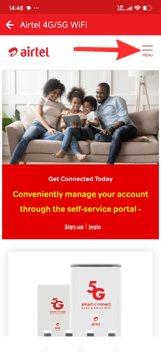 Step 3: Tap MENU icon to resubscribe Airtel 5G router data plan