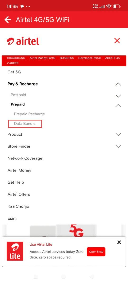 Step 4: Navigate to Data Bundle to resubscribe Airtel 5G router in My Airtel app