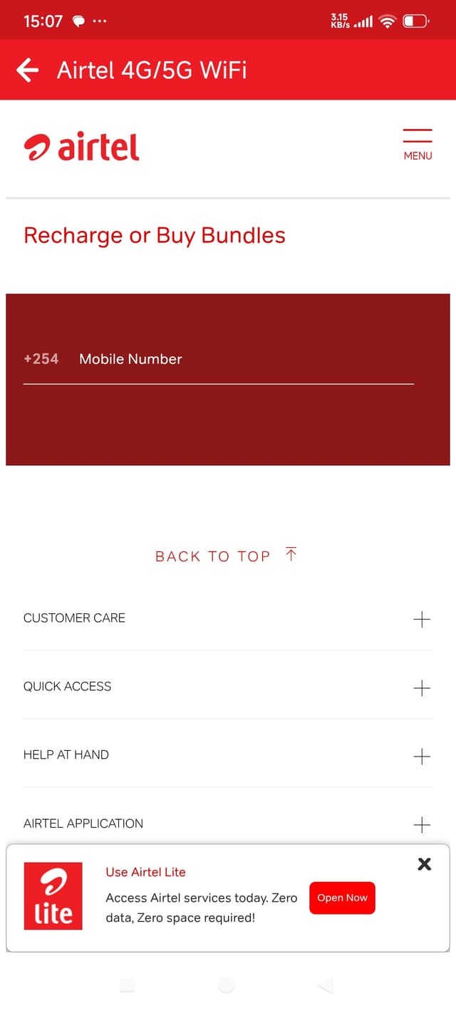 Step 5: Enter Airtel 5G router number to resubscribe data plan in My Airtel app