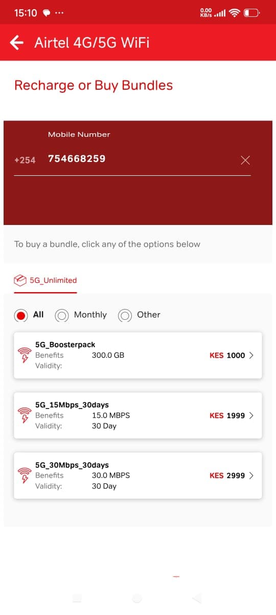 Step 6: Select Airtel 5G router data bundle for resubscription