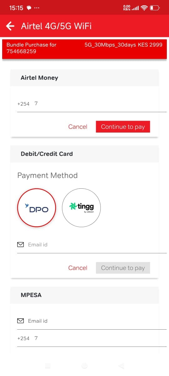 Step 7: Choose payment method for Airtel 5G router data plan resubscription