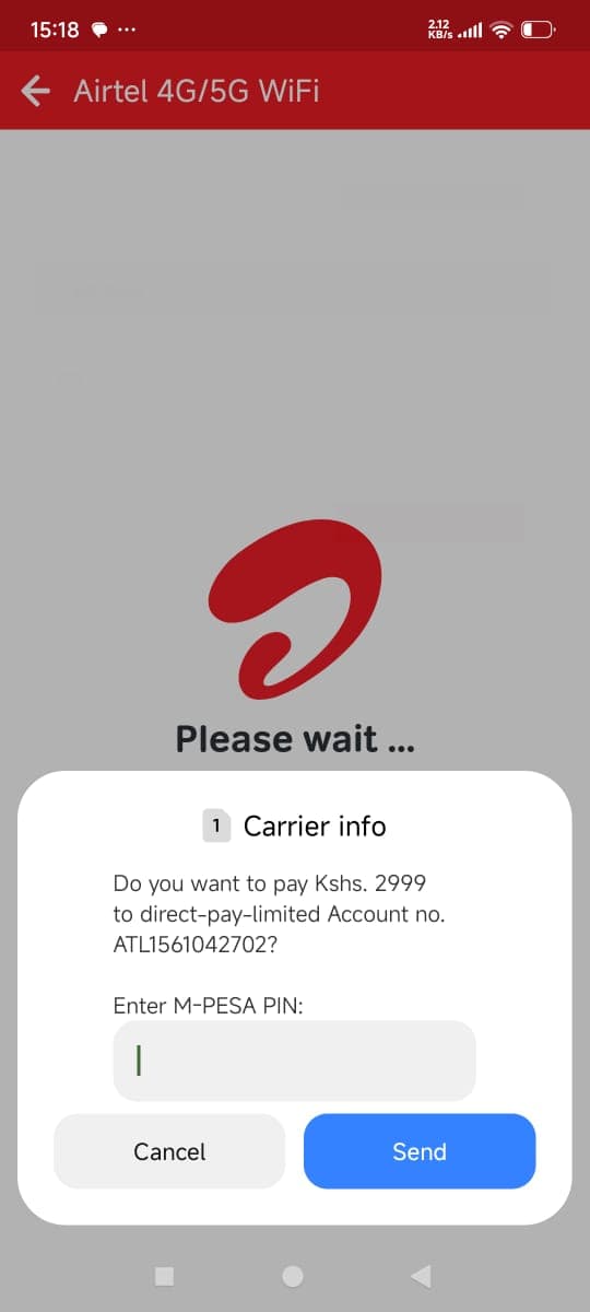 Step 8: Enter M-Pesa PIN to complete Airtel 5G router resubscription payment