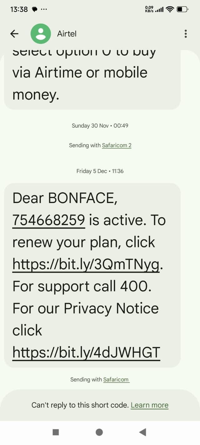 Example Airtel SMS showing Airtel 5G router number for resubscription reference