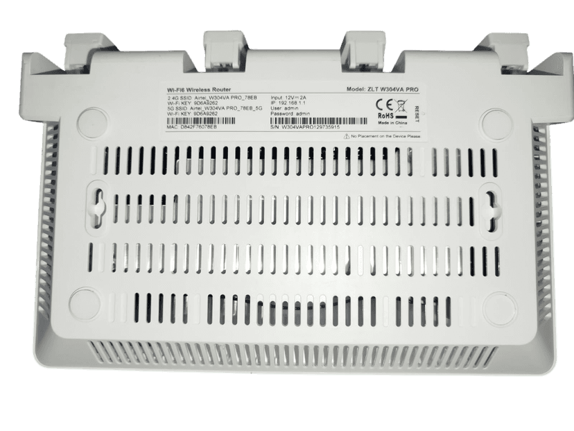 Airtel router back label showing default WiFi passwords, SSID, IP address, and admin credentials